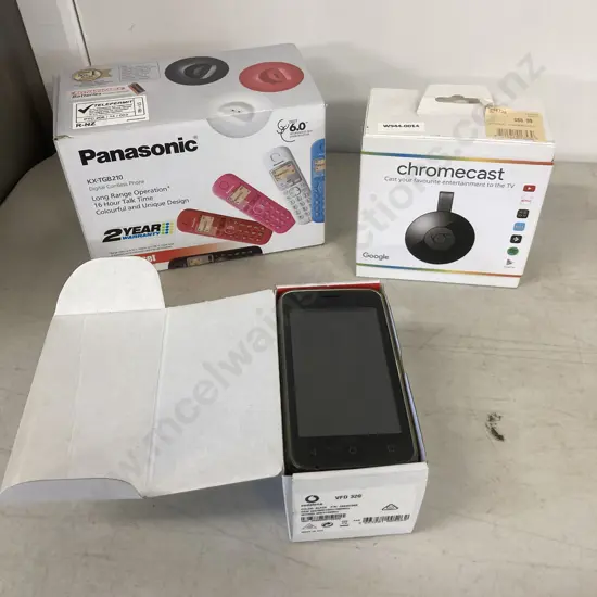 Chrome Cast, Vodafone Smart C9 Cell Phone, Panasonic KX-TGB210 Cordless Phone Black